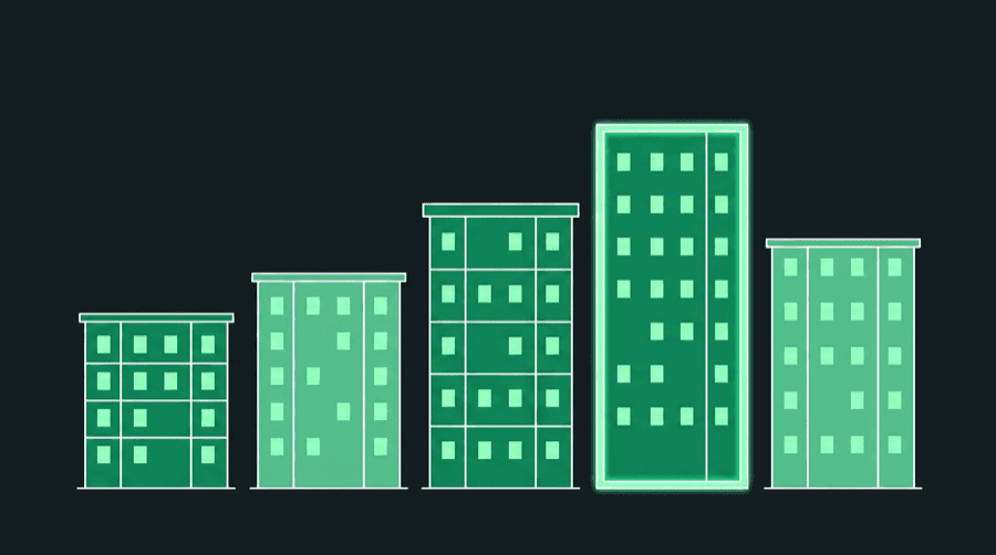 Illustration of a row of apartment buildings of increasing height