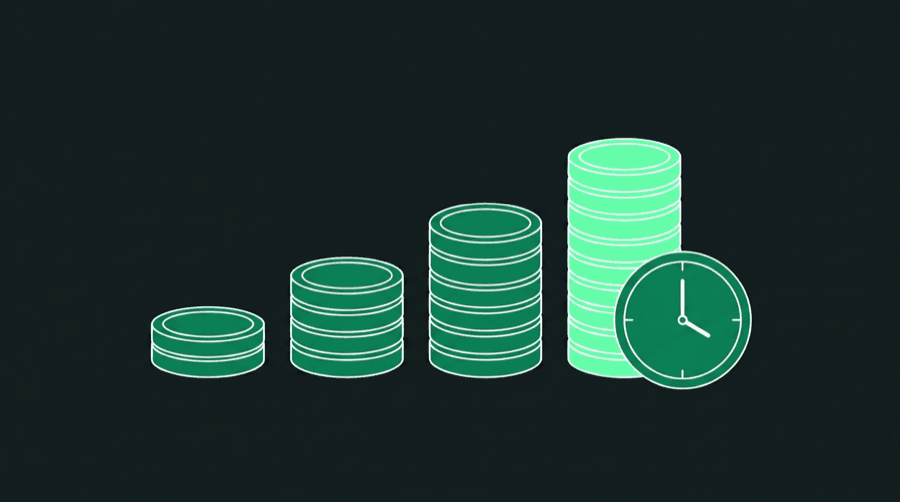 Illustration of coin stacks growing taller beside a clock face